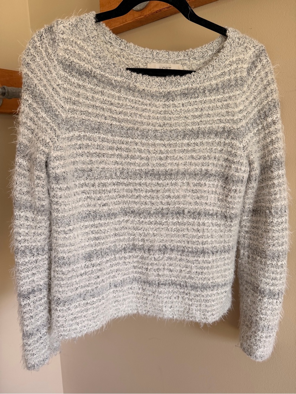 LOFT Fuzzy Striped Crewneck Sweater in Light Gray and White